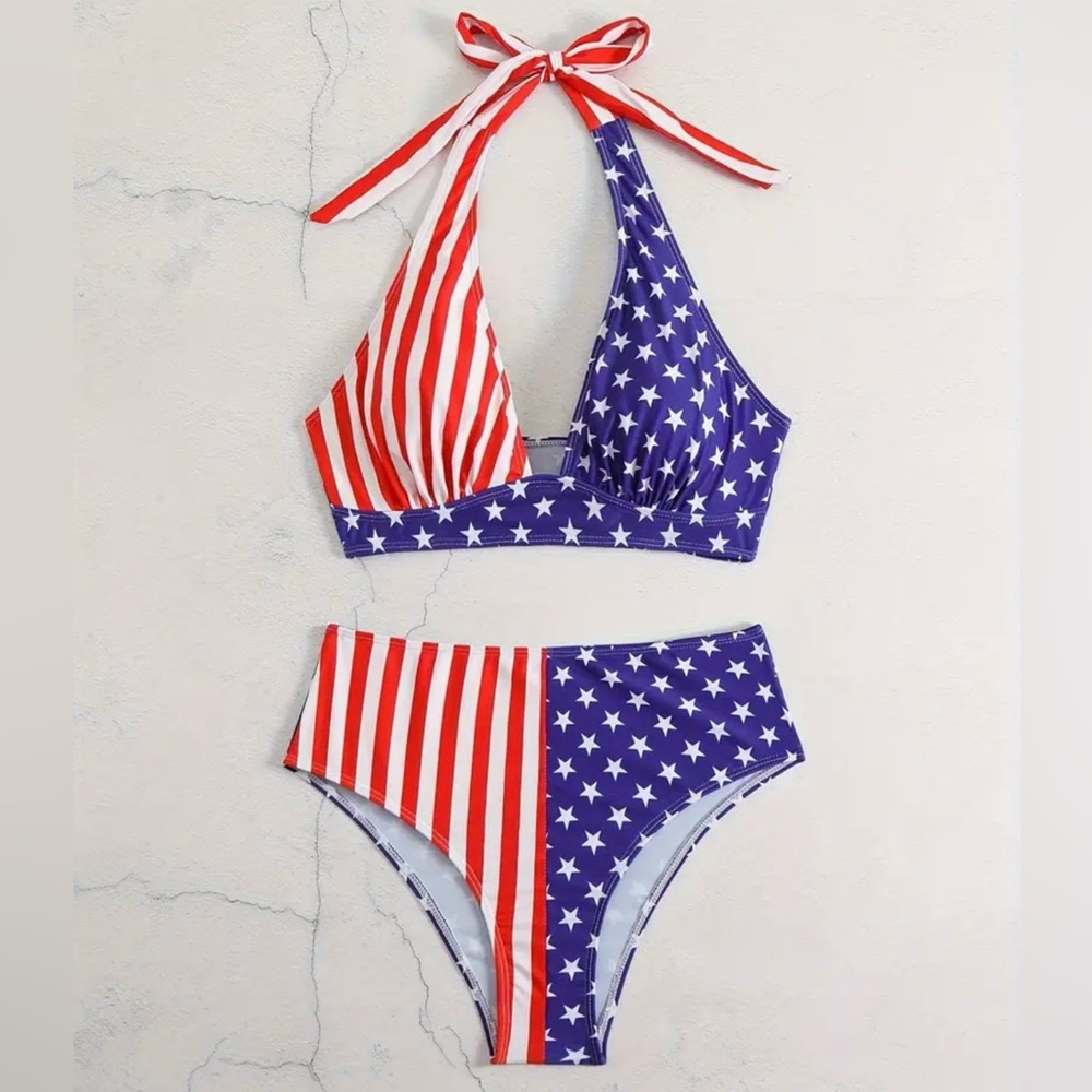 American Flag Stars Stripes Halter High Waisted Bikini Set